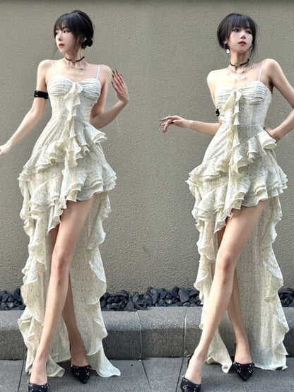 Y2k Spaghetti Strap Irregular Dress Layered Ruffles Slim Party Dress Spring New Prom Robe Wedding Vestidos Mujer