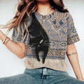 Comstylish Women's Black Cat Ethnic Print Vintage Washed T-shirt