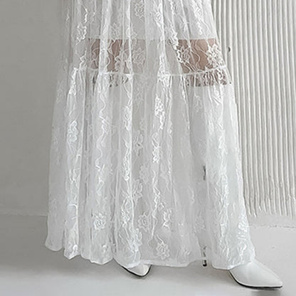 Taruxy Jacquard See-through High-waisted Skirt ’s Summer New Loose A-line Long Skirt Lace Patchwork Color Female