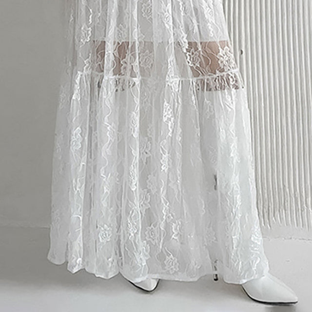 Taruxy Jacquard See-through High-waisted Skirt ’s Summer New Loose A-line Long Skirt Lace Patchwork Color Female