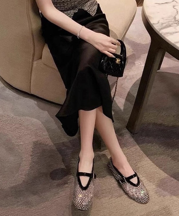 Black Walking Sandals Comfy Splicing Hollow Out Zircon Buckle Strap Aa041