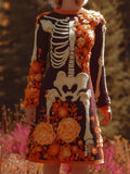 Women's Halloween Warm Tone Skull Rose Embroidered Dress artswardrobe