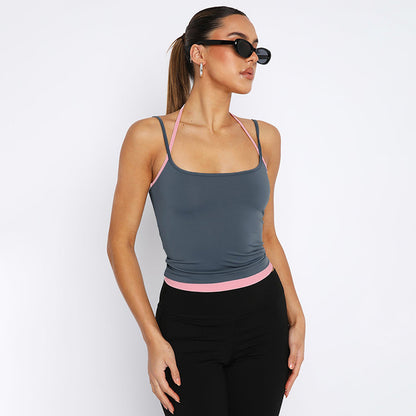 Spring New Adjustable Straps Halter Clash Color Fake Two Piece Square Neck Backless Hottie Girl Style Top