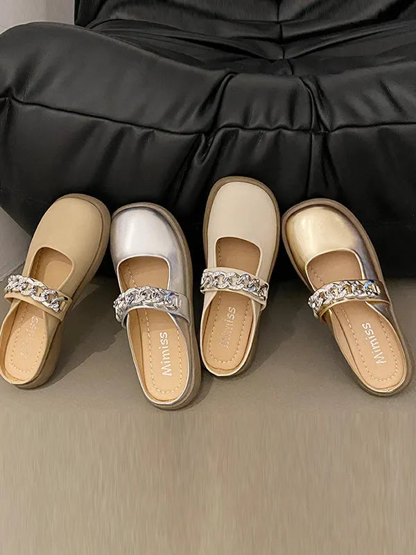 Chains Round-toe Shallow Cut Split-joint Mary Janes Slippers