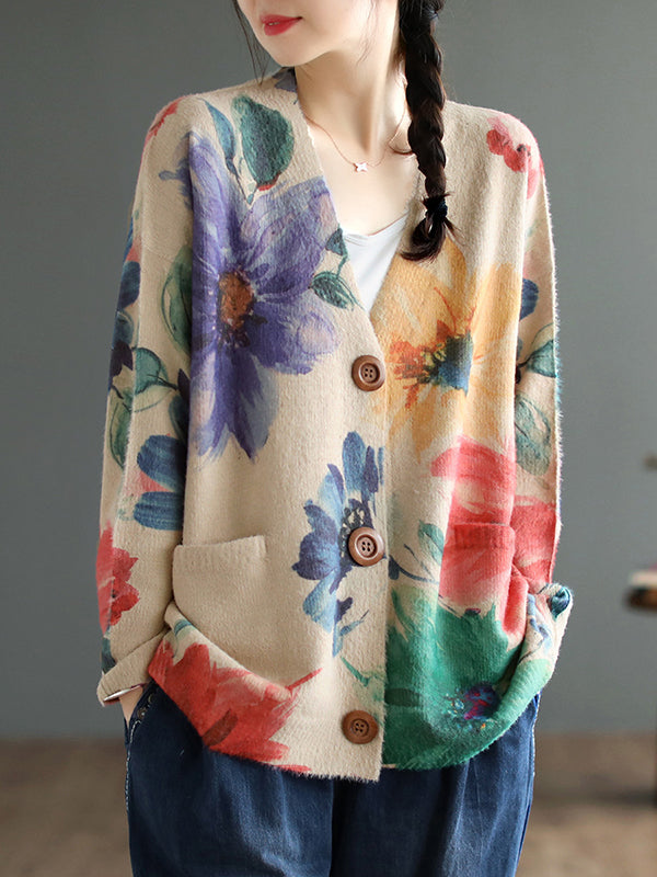 Long Sleeves Loose Buttoned Printed Contrast Color V-neck Cardigan Tops