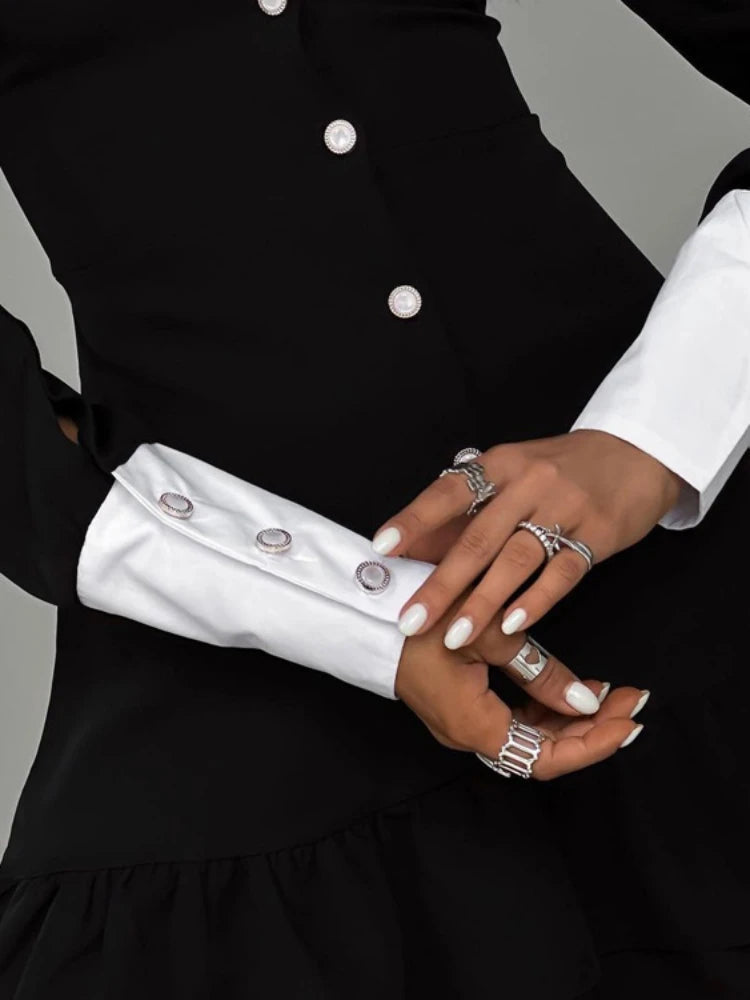 Taruxy High Waist ’s Evening Dress Retro Splice Long Sleeve Turn Collar Folds Mini Dress Woman Party Wedding Dresses