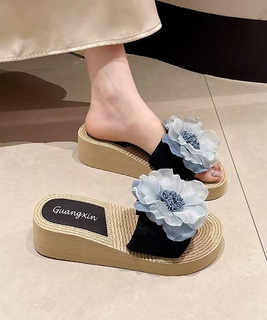 Black Wedge Slide Sandals Peep Toe Aa014