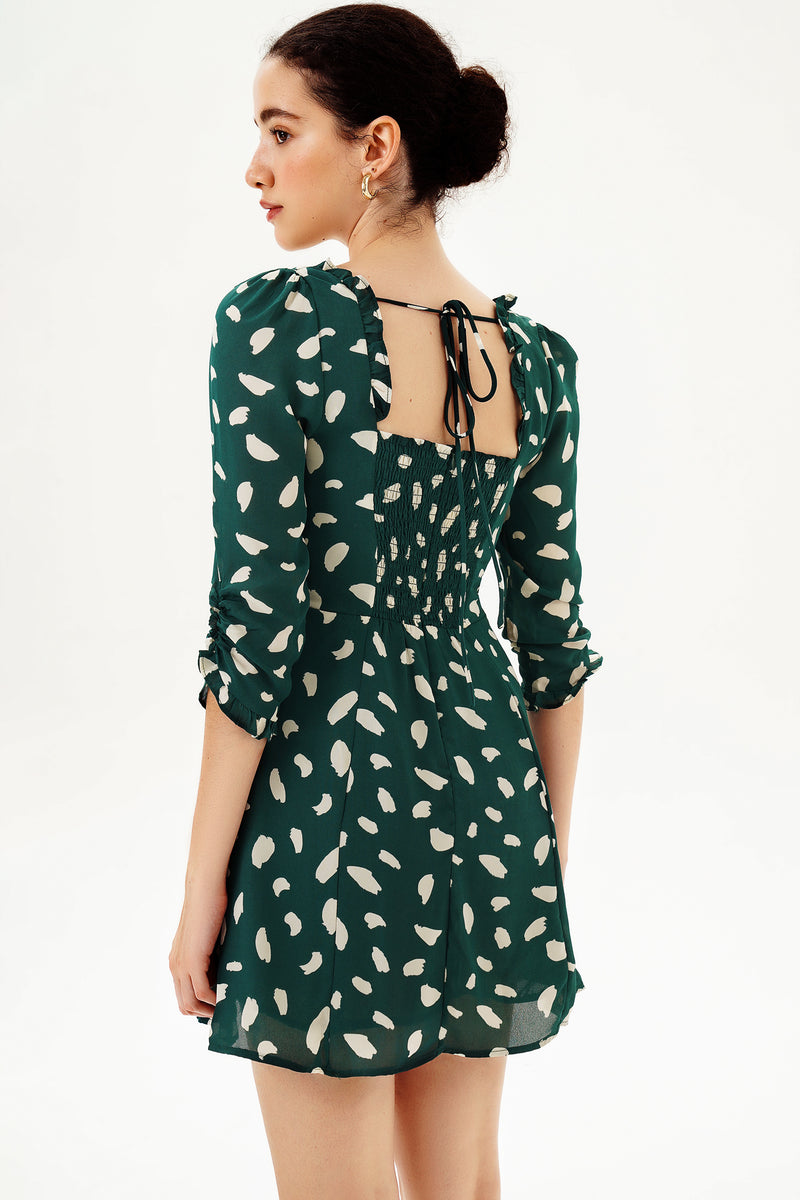 Printed Long Sleeve U-neck Mini Dress Green
