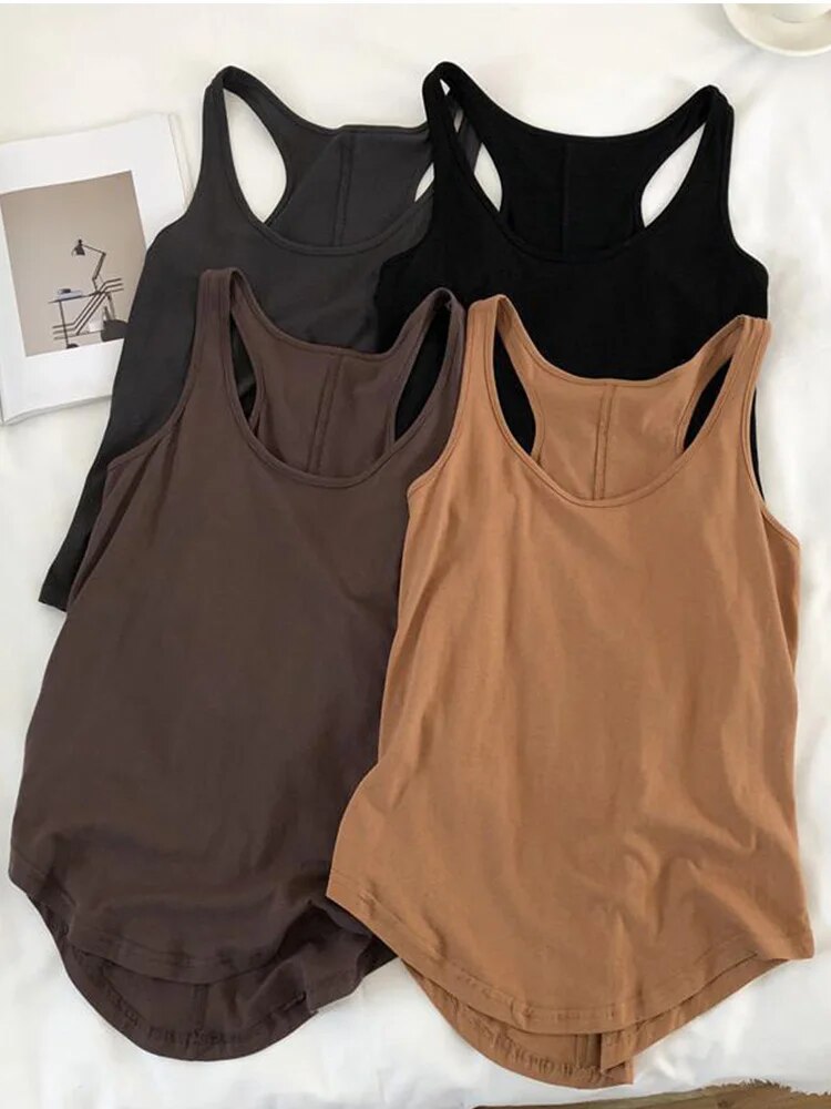 Irregular Tank Tops Summer O-neck Black Sleeveless Tshirt Top Color Loose Basic Camisole Female Fitness Sport Vest