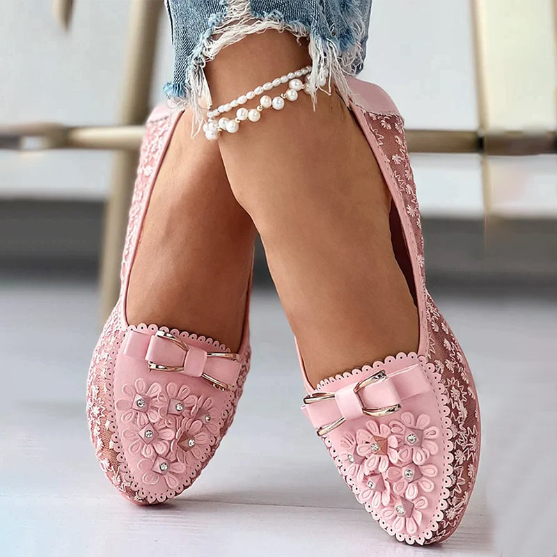 Applique Bowknot Decor Wedding Bridal Shoes Lace Split Joint Ballet Flats