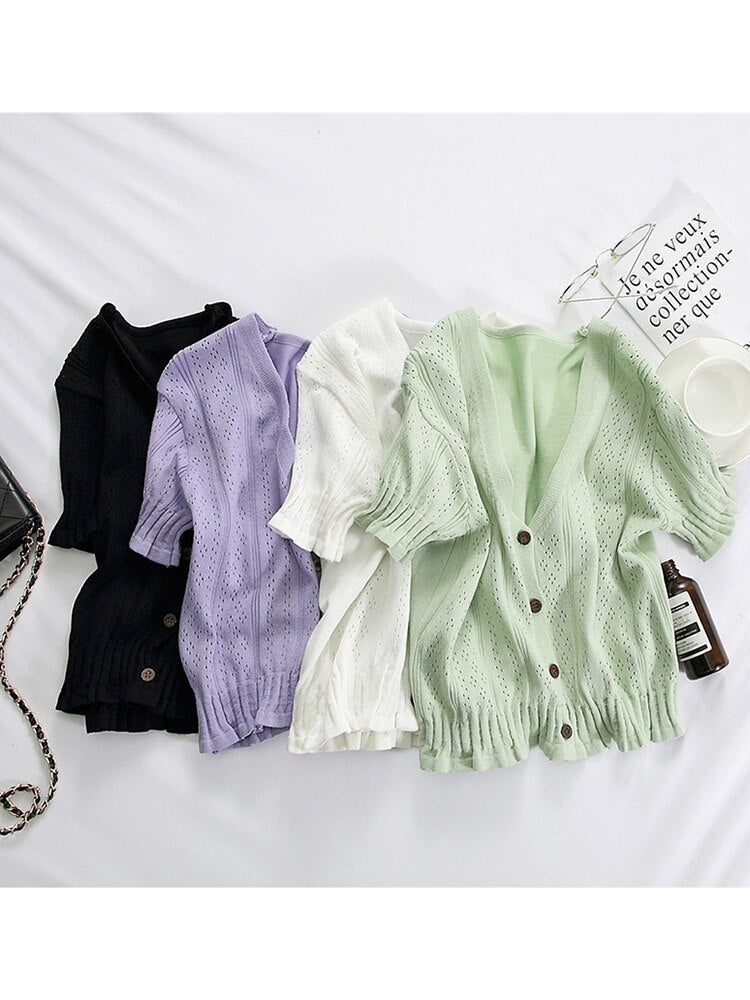 T-shirts V-neck Button Up Tees Short Sleeve T-shirts Knitted Cadigans Crop Tops for Summer Tee
