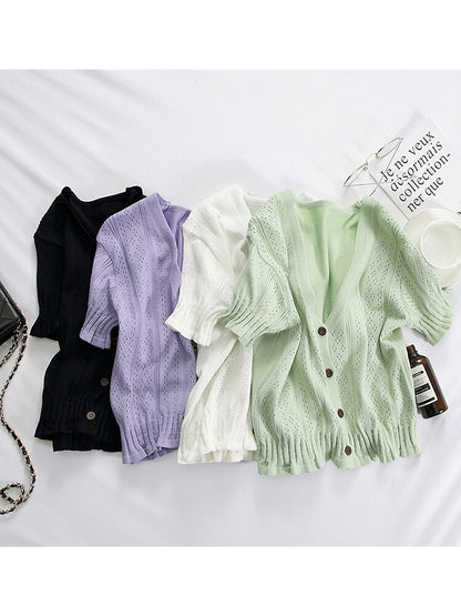 T-shirts V-neck Button Up Tees Short Sleeve T-shirts Knitted Cadigans Crop Tops for Summer Tee