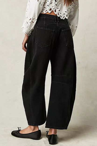 Pocket Without Belt Mid Waist Loose Denim Jeans(no Belt)