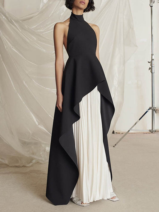 Original Sleeveless Irregularity Color High-neck T-shirt Top&pleated Skirt Bottom Two Pieces Set
