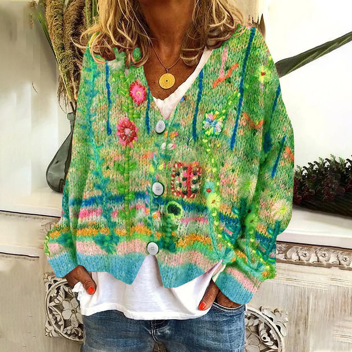 Vintage Floral Print V-Neck Long Sleeved Knitted Cardigan artswardrobe