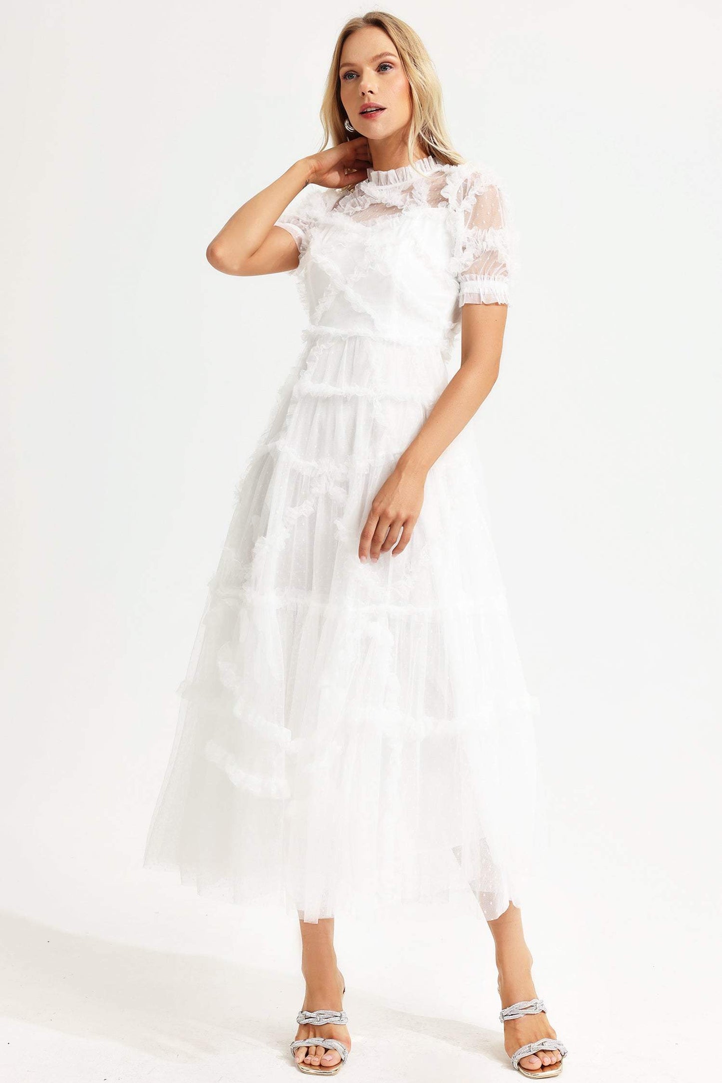 Round Collar Short Sleeve Mesh Ruffle Hem Midi Dress
