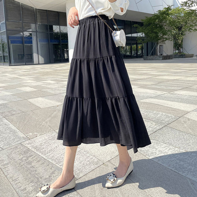 Summer Chiffon Skirts High Waist Elastic Patchwork White Black Mid Length Cake A-line Skirt for Student