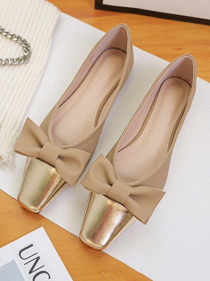 Bowknot Contrast Color Shallow Cut Split-joint Square-toe Flats