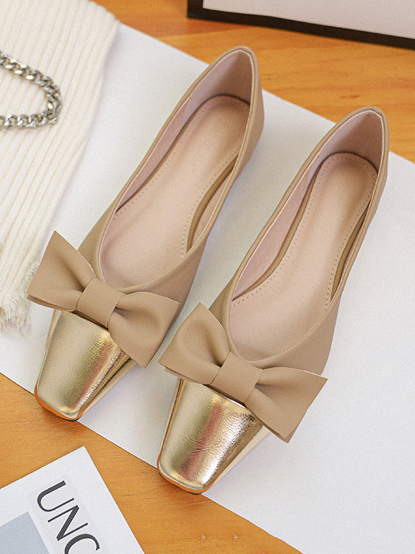 Bowknot Contrast Color Shallow Cut Split-joint Square-toe Flats