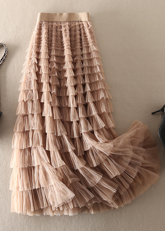 Unique Coffee Apricot Patchwork Wrinkled Tulle Skirts Spring