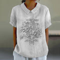 Comstylish Floral Embroidered Lace Print Short Sleeve Linen Blend Blouse