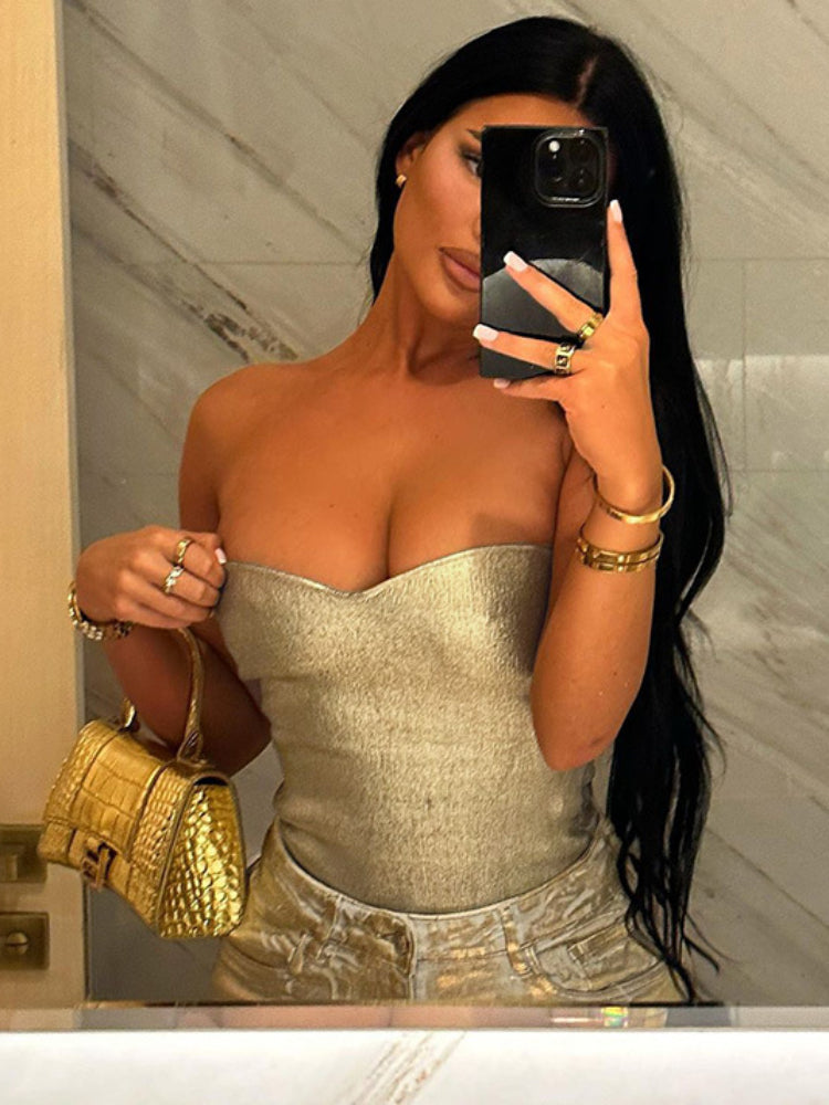 Taruxy Gold Pu Crop Tops for Bodycon Backless Off Shoulder Tank Top Hot Street Slim Party Tube Top