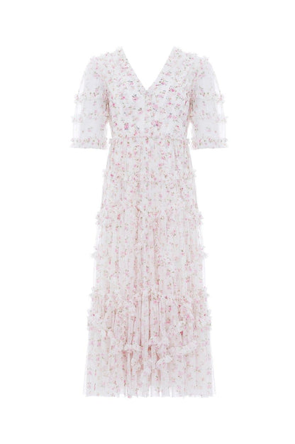 Frill Mid Sleeve V-neck Midi Dress