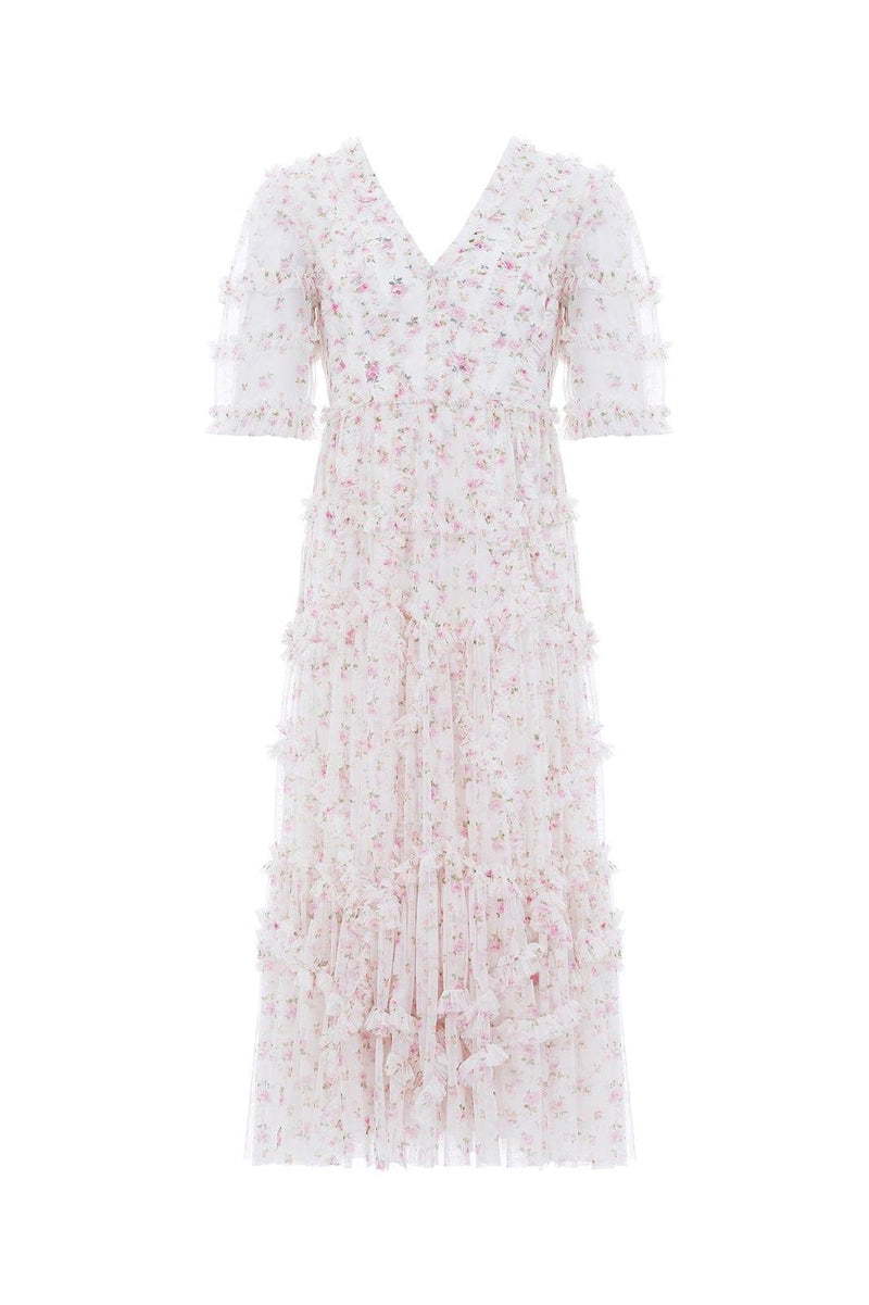 Frill Mid Sleeve V-neck Midi Dress