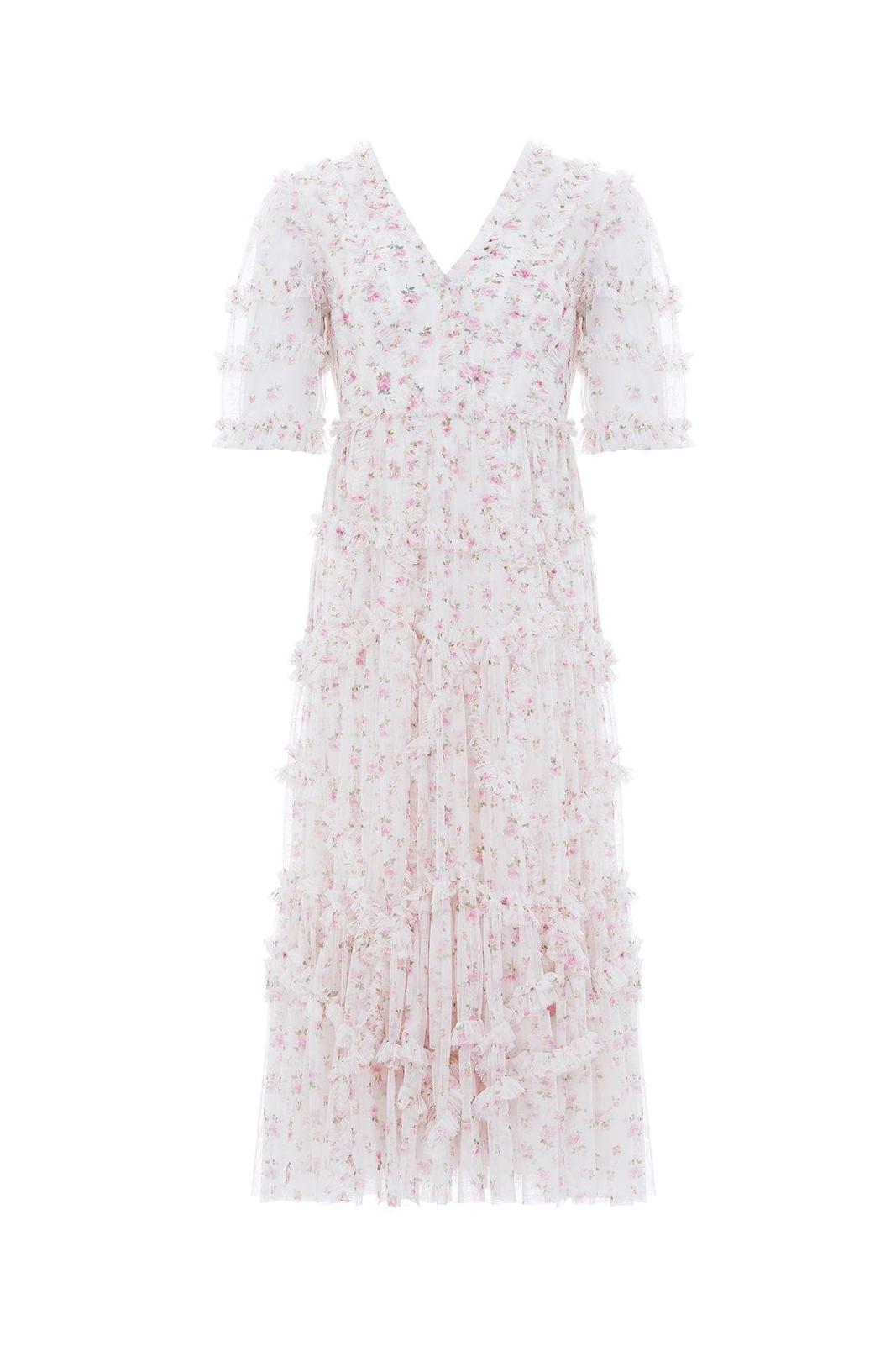 Frill Mid Sleeve V-neck Midi Dress