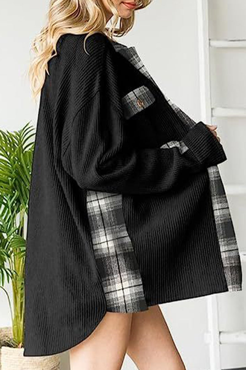 Color Block Pocket Contrast Turndown Collar Tops