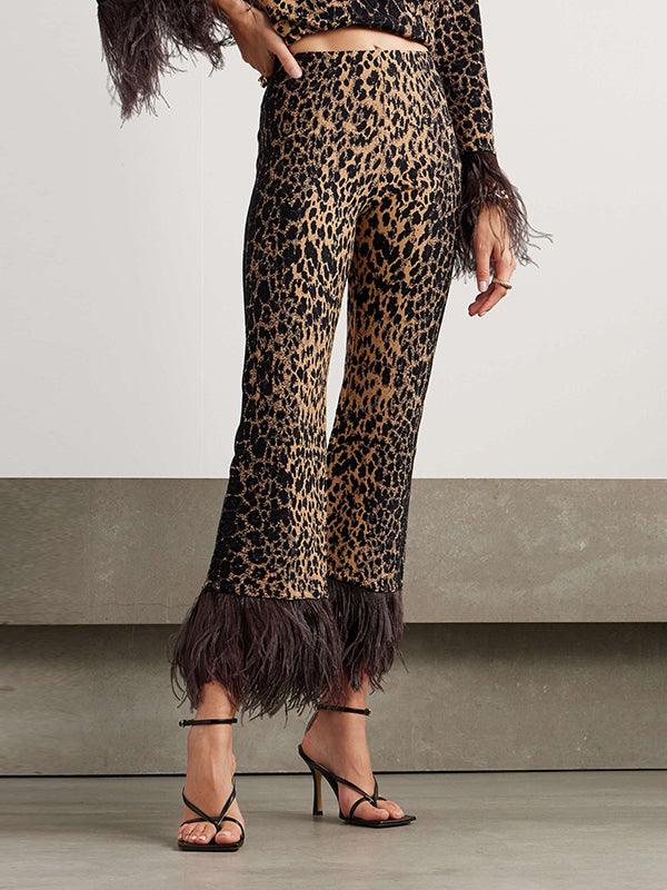 Long Sleeves Feathers Leopard Round-neck Pants Pants Set T-shirts Tops Two-piece Sets