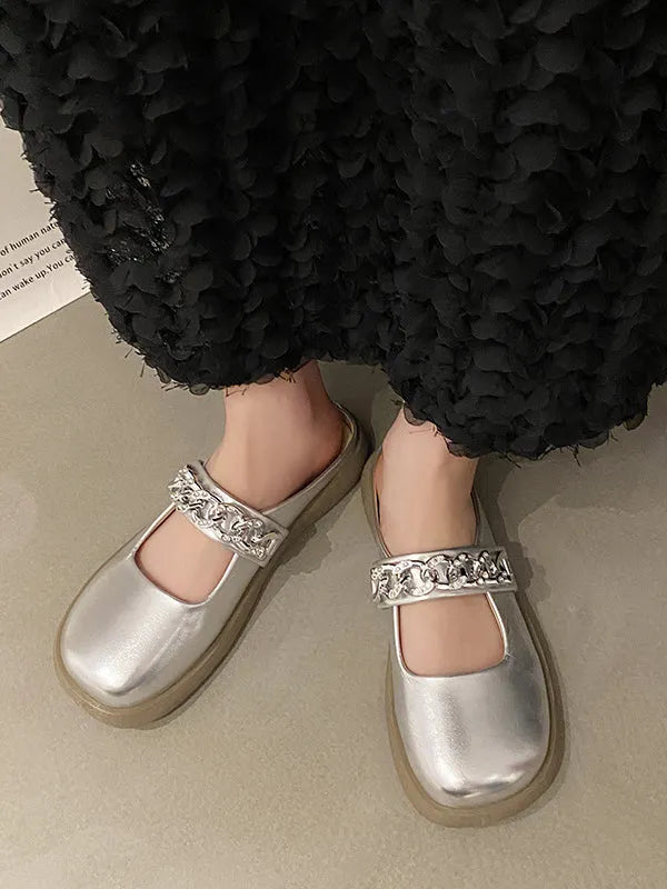 Chains Round-toe Shallow Cut Split-joint Mary Janes Slippers
