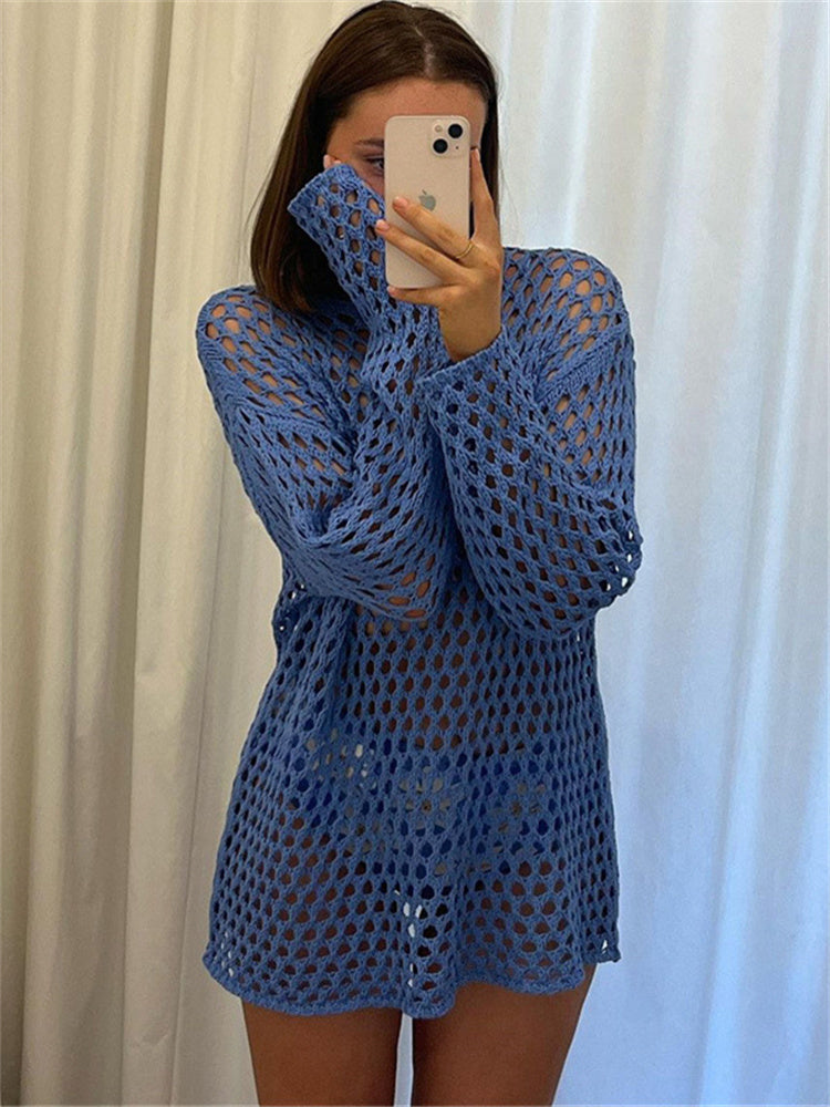 Tossy Knit Hollow Out Cover Up Mini Dress for See-through Loose Beach Holiday Clothes Summer Patchwork Knitwear Cover Up