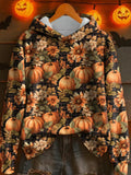 Women's Pumpkin Print Hooded Sweatshirt artswardrobe
