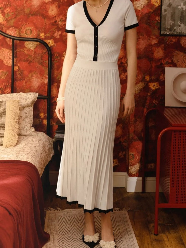 Tossy White Knit Sweater 2 Piece-set Maxi Skirt for Ribbed Short Sleeve Cardigan Top and Long Skirt Sets Knitwear Outfits