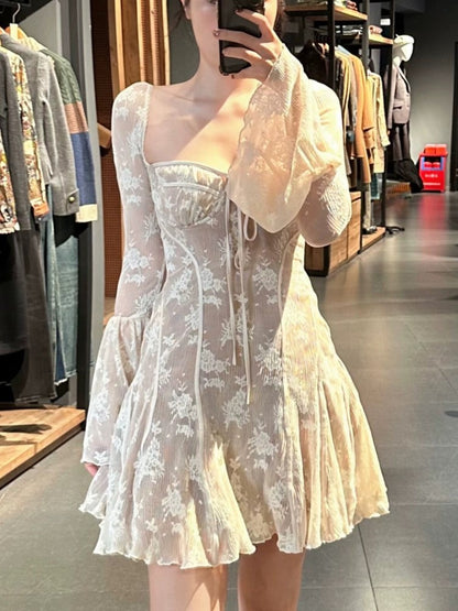 French Lace Mini Dress Y2k Off Shoulder Lace Up Ruffles A-line Autumn Spring Long Sleeve Party Dress Prom Vestidos