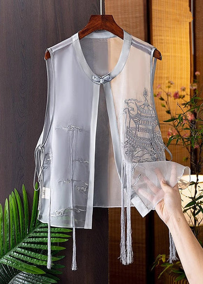 Modern Black O-neck Embroidered Silk Waistcoat Summer