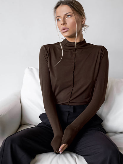 Khaki Basic Tees Elasticity Turtleneck Long Sleeve Pullover Tops Autumn Inner Brown Office