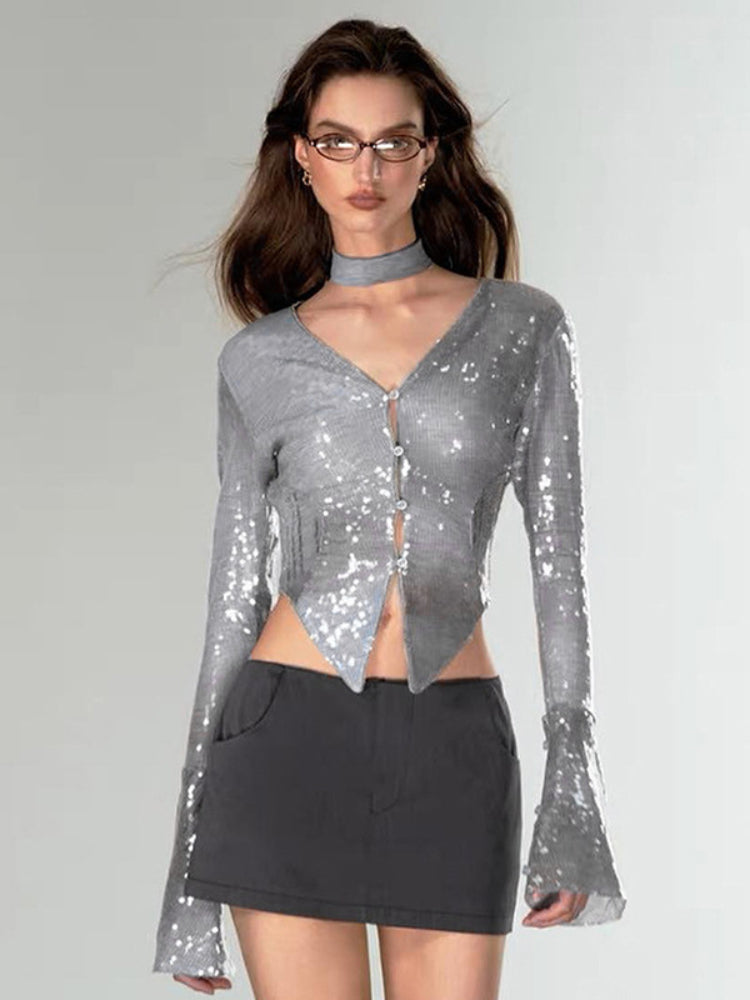 Taruxy Shining Silver Shirts for V Neck Flare Sleeve Tshirt Femme Party Clubwear Cardigan Woman Clothing New