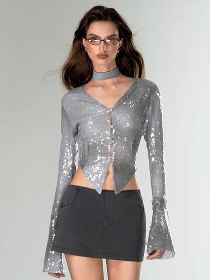 Taruxy Shining Silver Shirts for V Neck Flare Sleeve Tshirt Femme Party Clubwear Cardigan Woman Clothing New