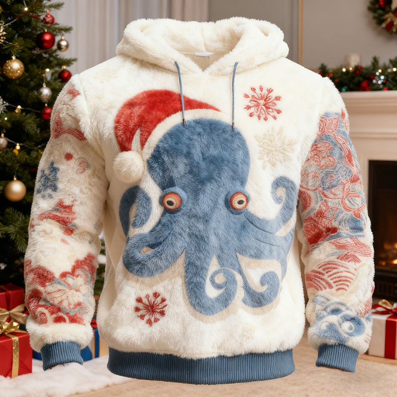 Comstylish Men's Japanese Octopus Art Christmas Ugly Plush Hoodie