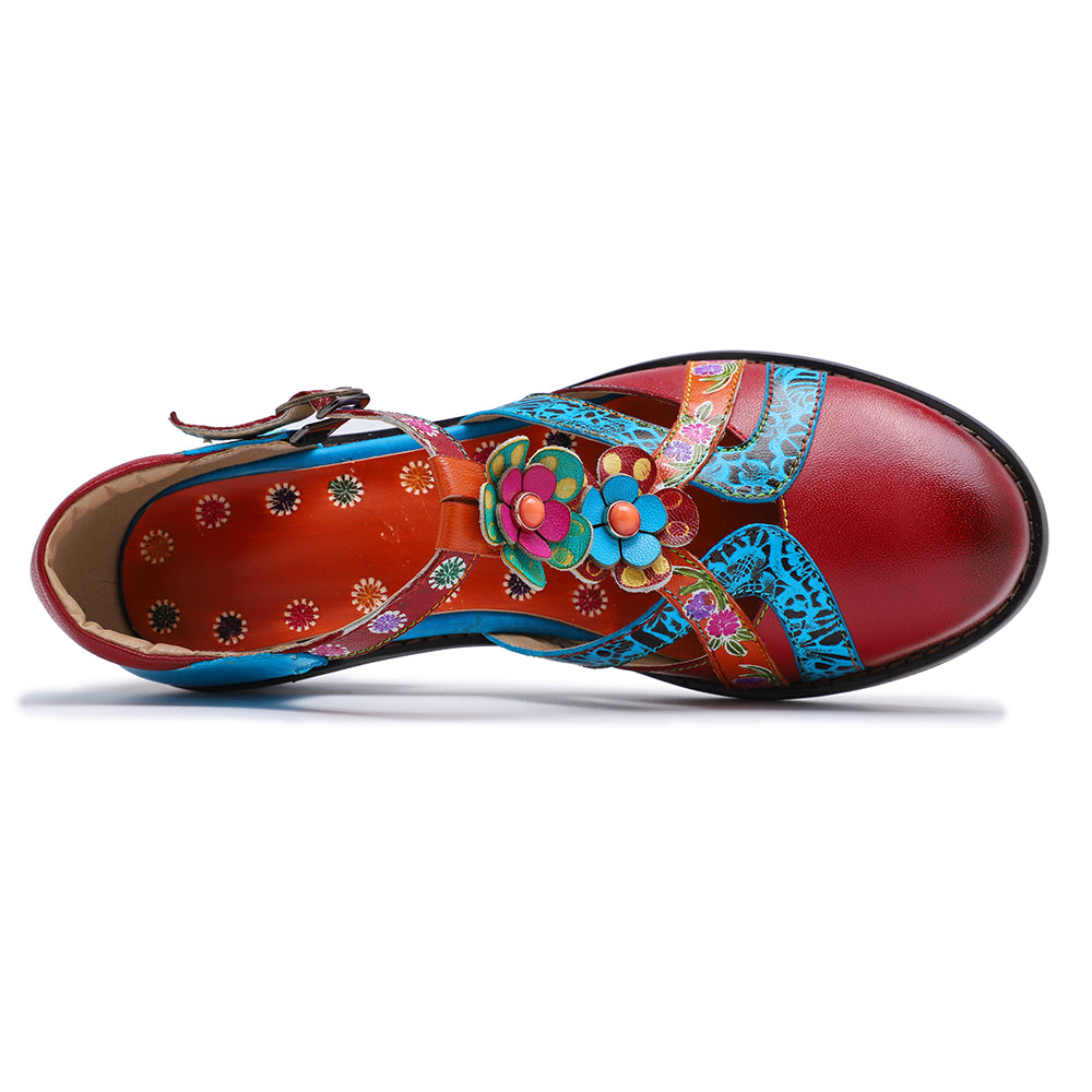 Soffia | Genuine Leather Cut Out T-strap Dora Sandals Oxford Shoes