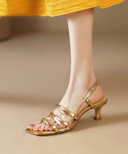 French Gold Square Bow Dew Toe High Heeled Sandals Aa037