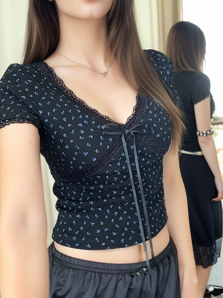 Korean Kawaii Lace Patchwork T-shirt Y2k Aesthetic Top Bow Knot V-neck Short Sleeve Crop Top Elastic Slim