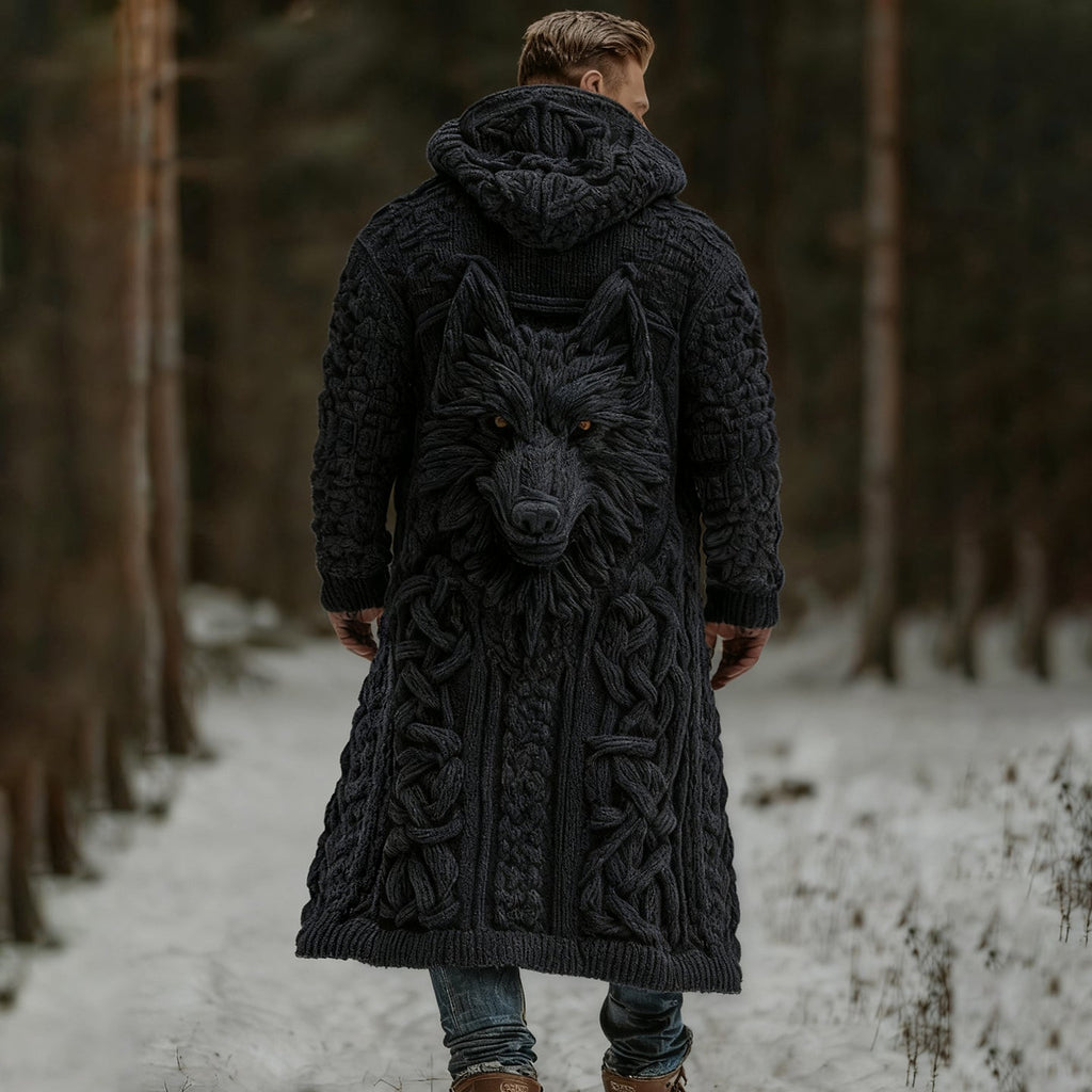 Men's Viking Wolf Celtic Knot Art Pocket Mid-length Cardigan Sweater artswardrobe