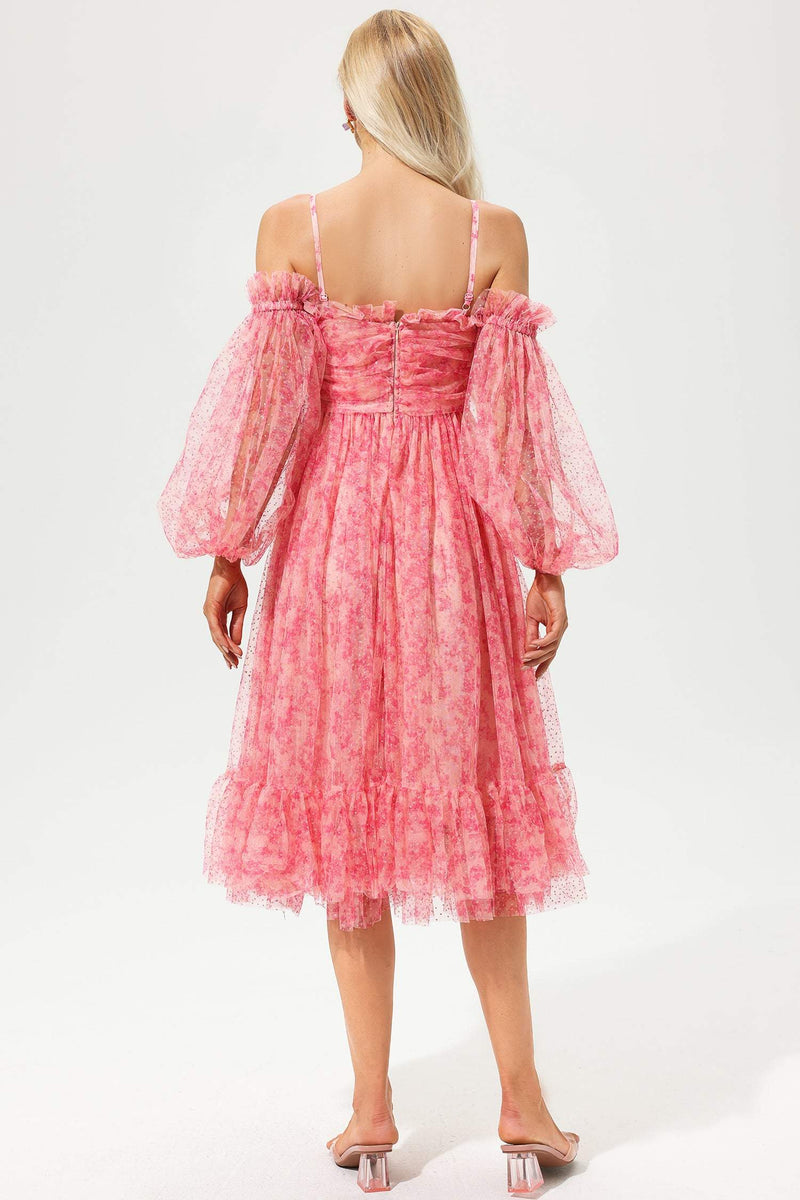 Lantern Sleeve Off-shoulder Pleated Midi Dress