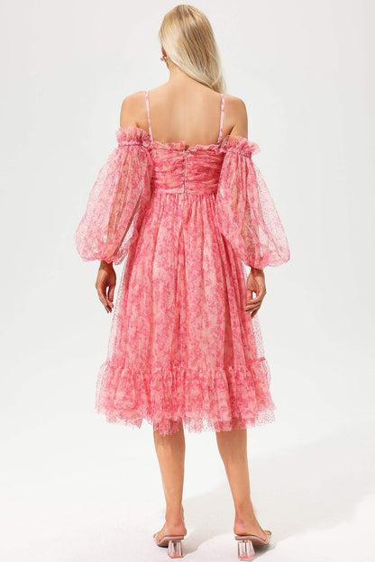 Lantern Sleeve Off-shoulder Pleated Midi Dress