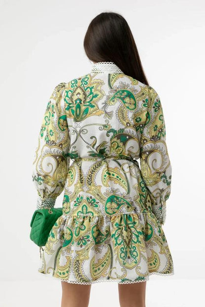 Paisley Stand Collar Lantern Sleeve Mini Dress