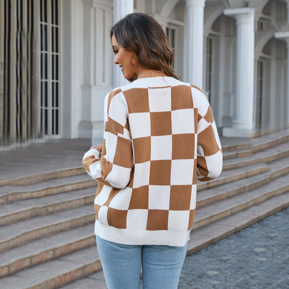 Autumn Winter Plaid Sweater Stitching Cardigan Top Knitted Coat Tide