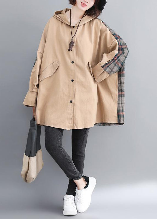 Classy Hooded Patchwork Tunic Coats Khaki Coats